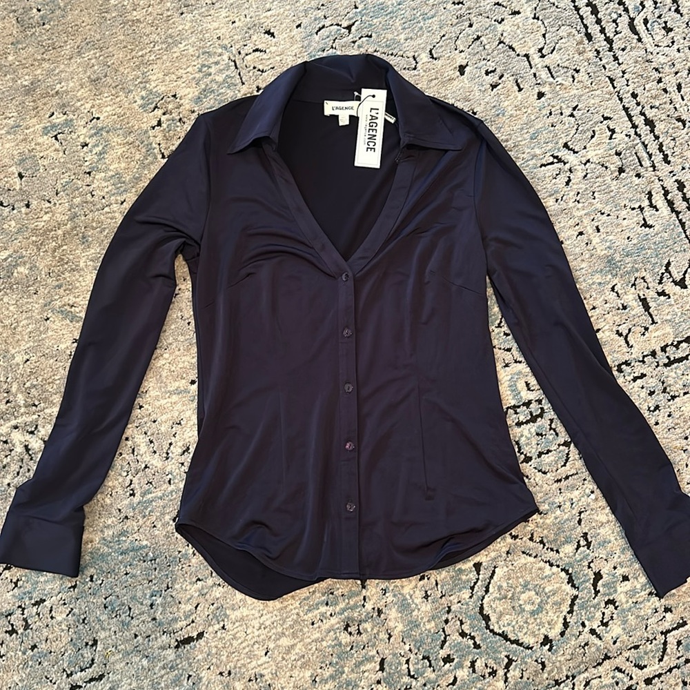 L'AGENCE Dallas Midnight Fitted Long Sleeve V-neck Button Down Shirt Blouse XS